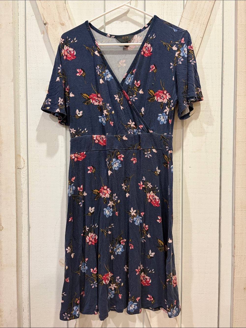 Mix It Navy Floral Wrap Midi Dress with Pink & Blue Blooms